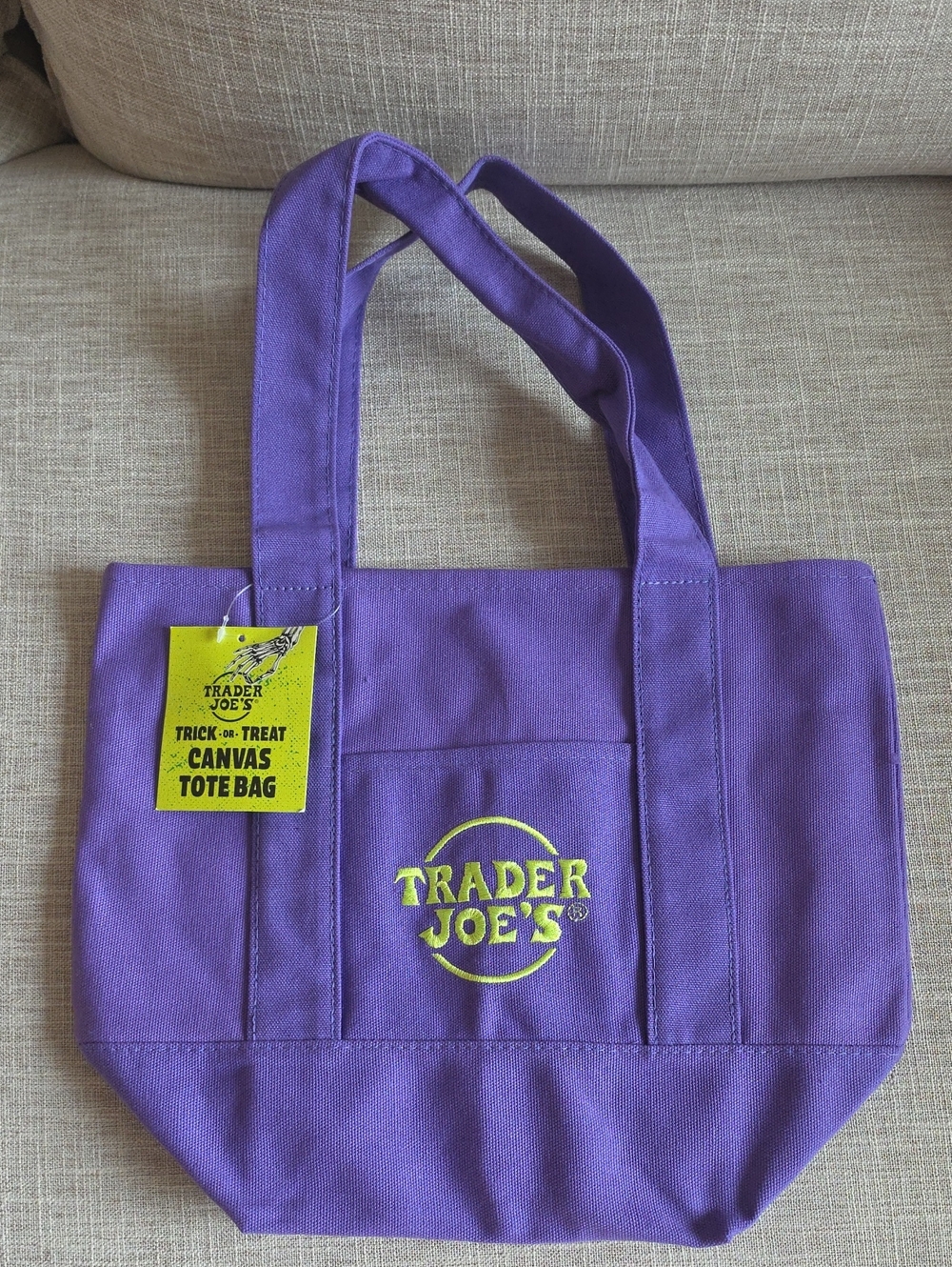 Trader Joe's Mini Tote Bag, Canvas, Purple w/ Lime Stitching.